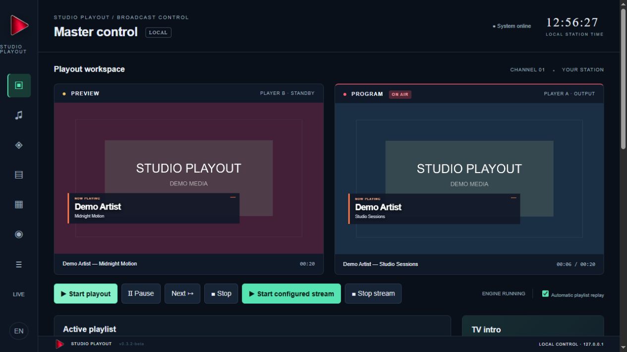 Studio Playout master control interface with demo content